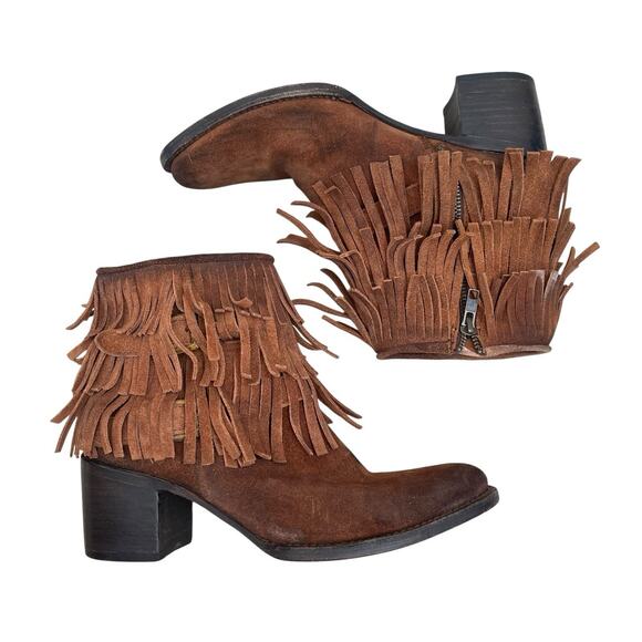 Freebird Whiskey Brown Suede Fringe Heeled Ankle Boots Size 9 - Picture 1 of 11